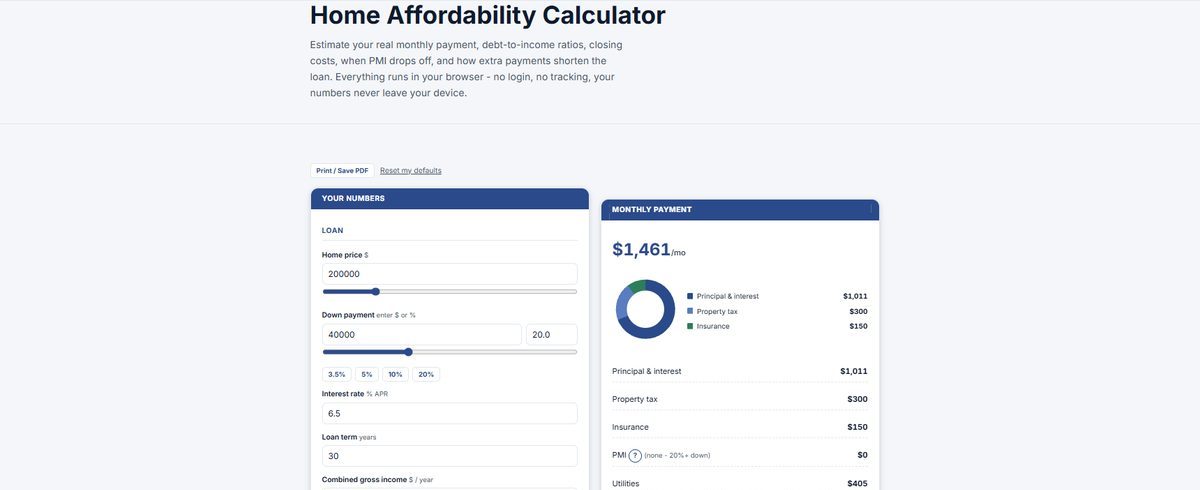 Home Affordability Calculator showing a monthly payment estimate
