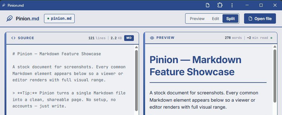 Pinion.md split-view markdown editor