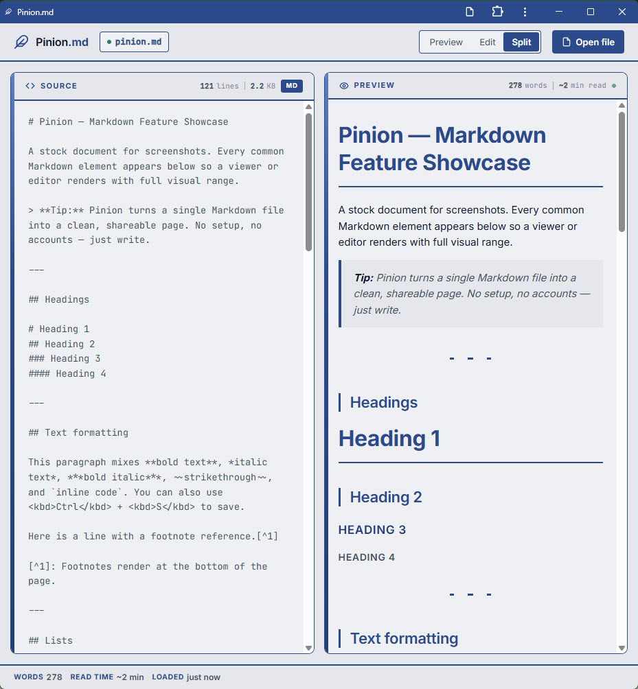 Pinion.md showing its split-view Markdown editor with source on the left and rendered preview on the right