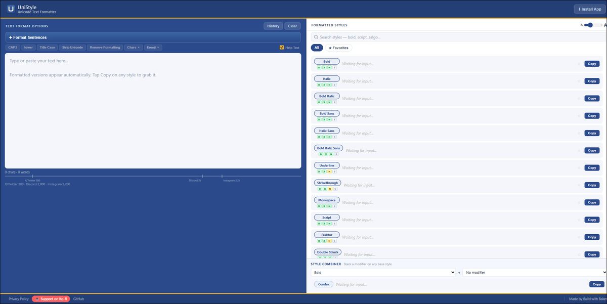 The UniStyle Unicode text formatter interface showing styled text variations