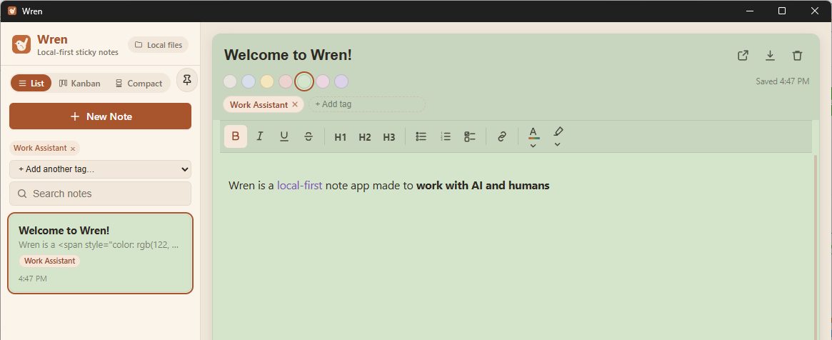 Wren local-first sticky notes app
